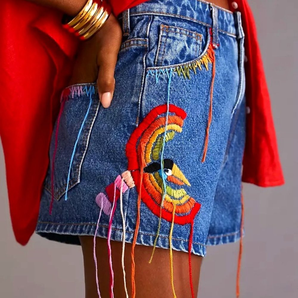 Farm x Anthropologie Colorful Birds Denim Shorts